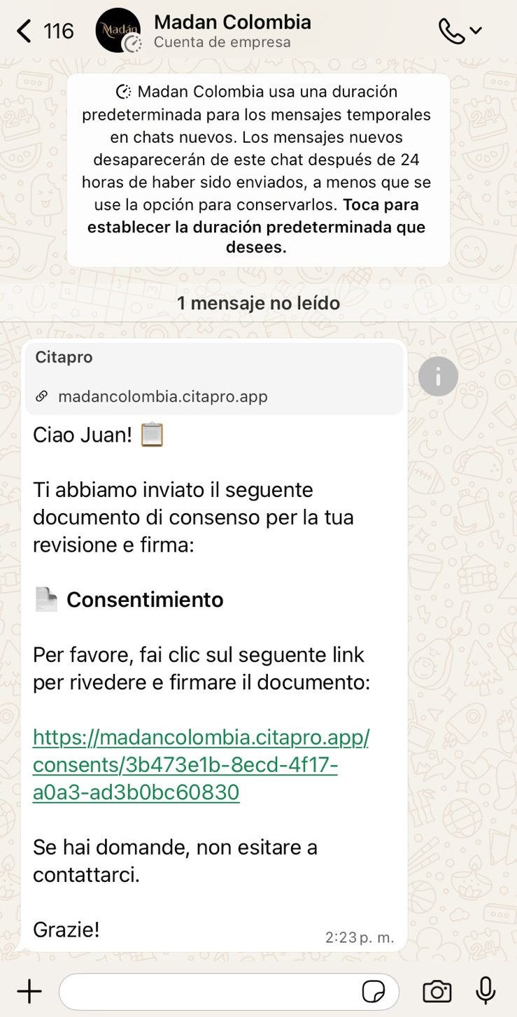 Messaggio WhatsApp con link per firmare il consenso