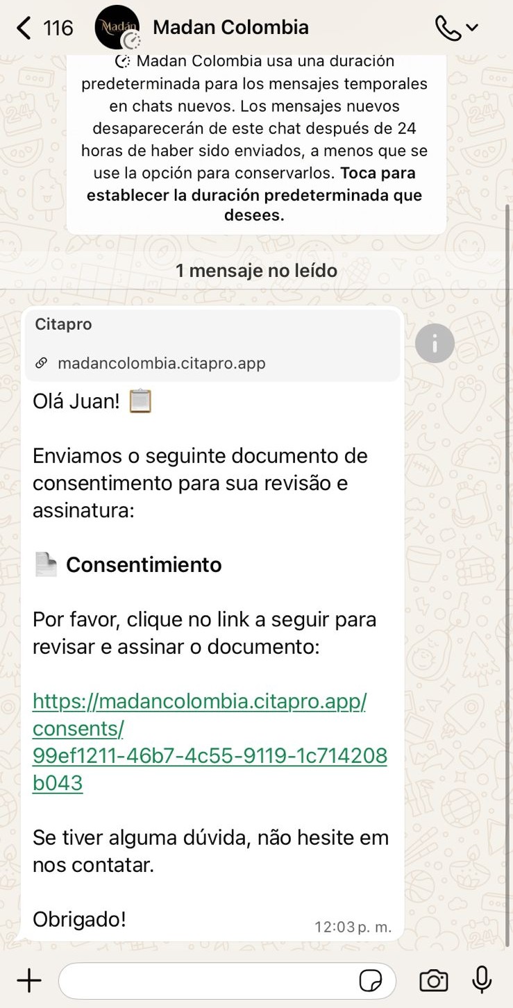 Mensagem do WhatsApp com link para assinar o consentimento