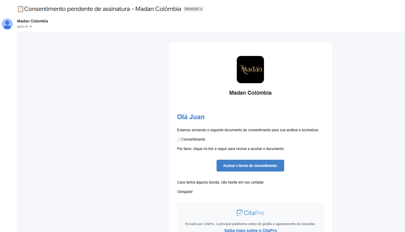 E-mail com botão Assinar consentimento