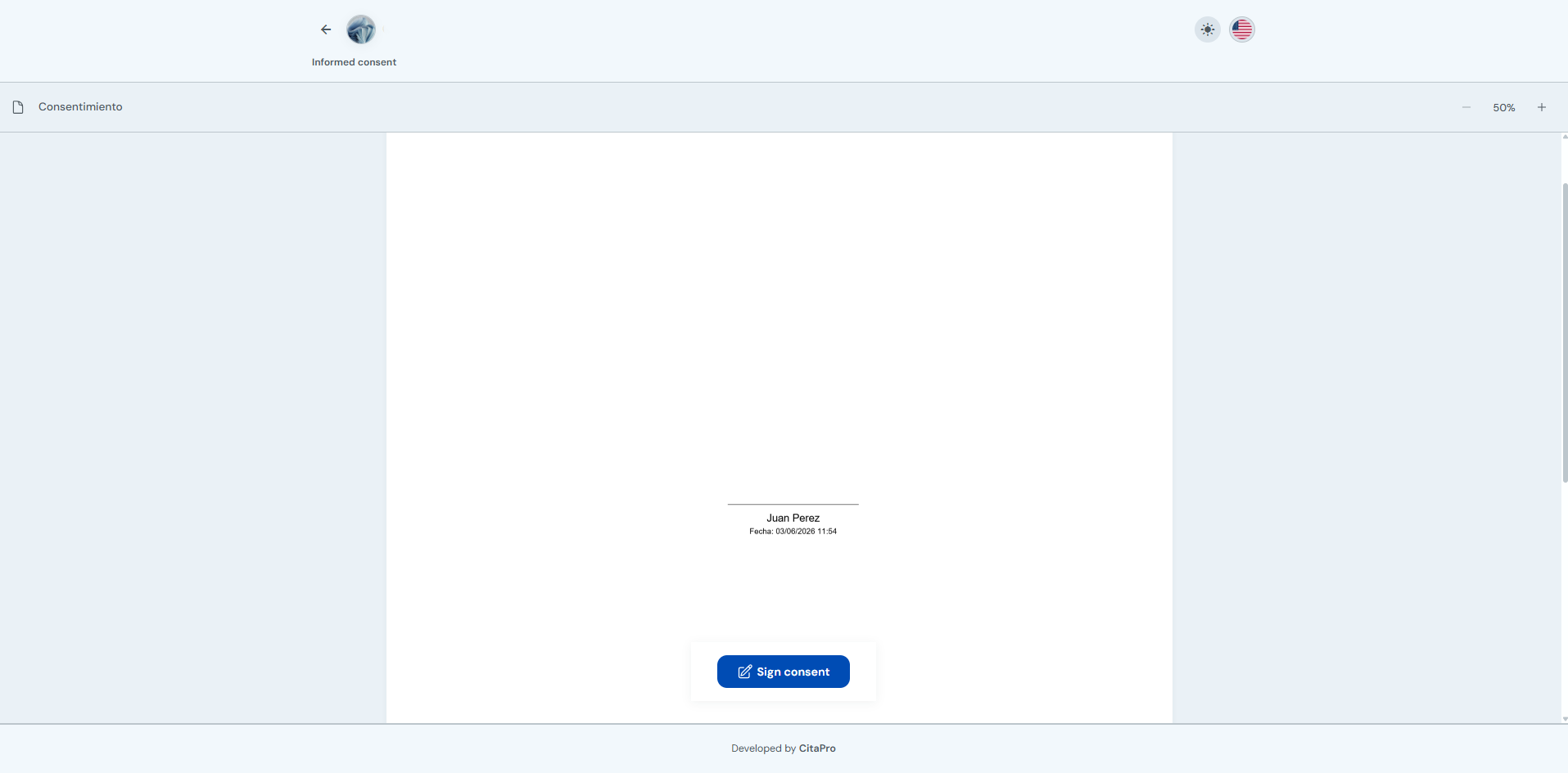 Consent viewer with Sign consent button