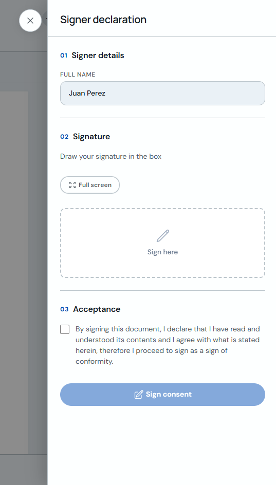 Panel with signer data, signature and acceptance