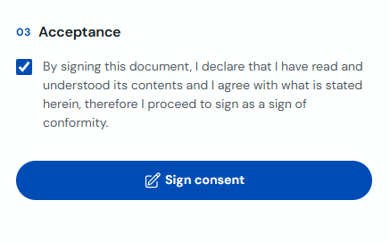 Acceptance checkbox and Sign consent button