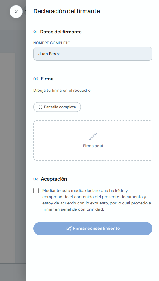 Panel con datos del firmante, firma y aceptación
