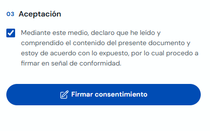 Casilla de aceptación y botón Firmar consentimiento