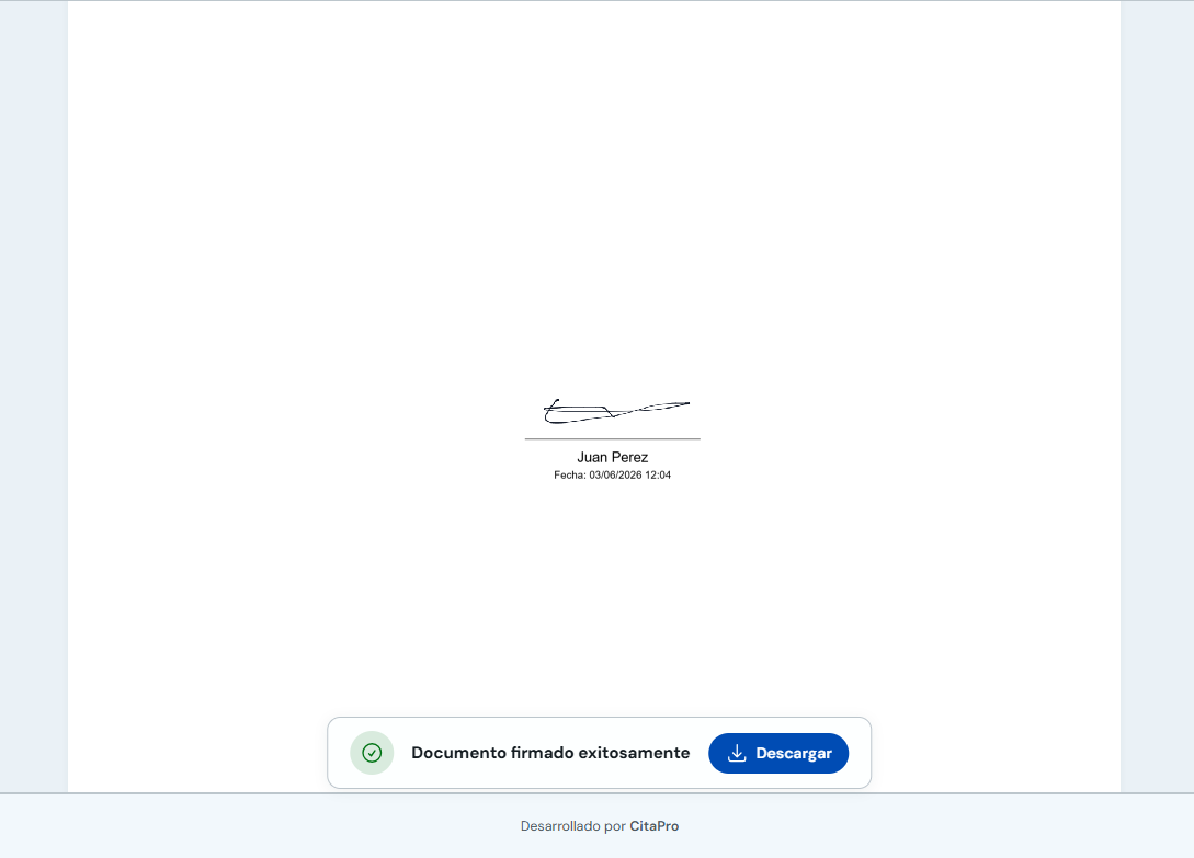Confirmación de documento firmado con opción Descargar