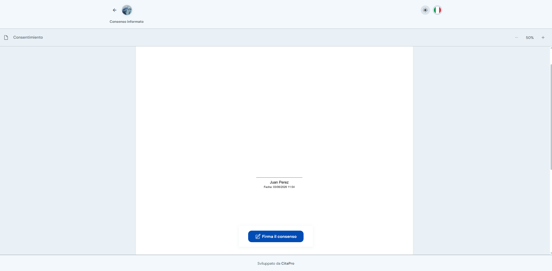 Visualizzatore del consenso con pulsante Firma consenso