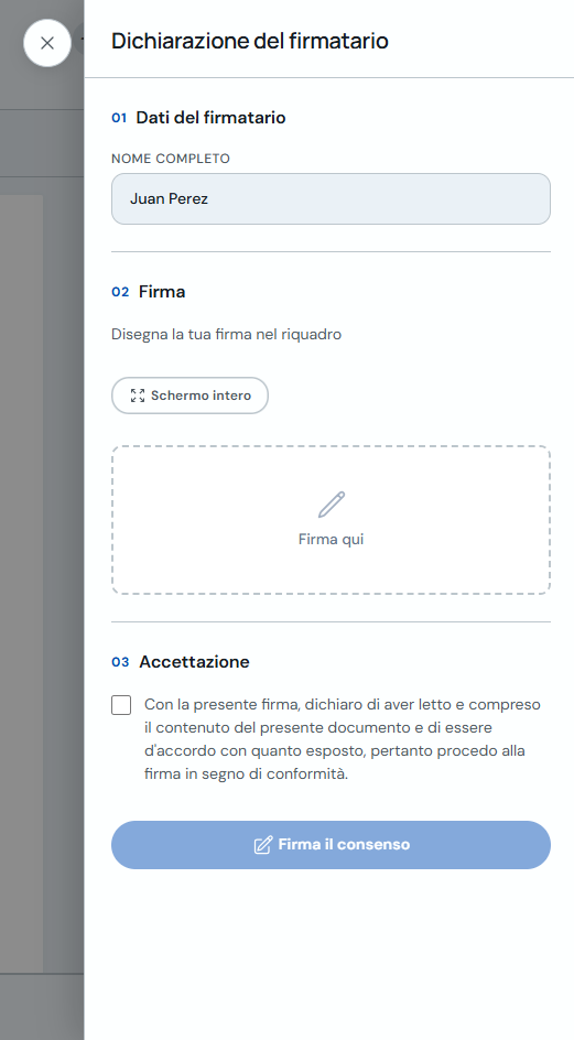 Pannello con dati del firmatario, firma e accettazione