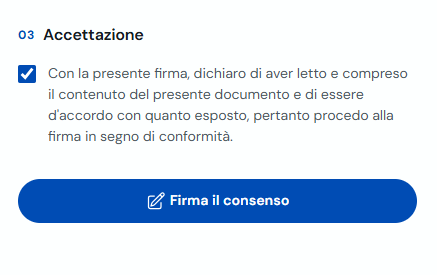 Casella di accettazione e pulsante Firma consenso
