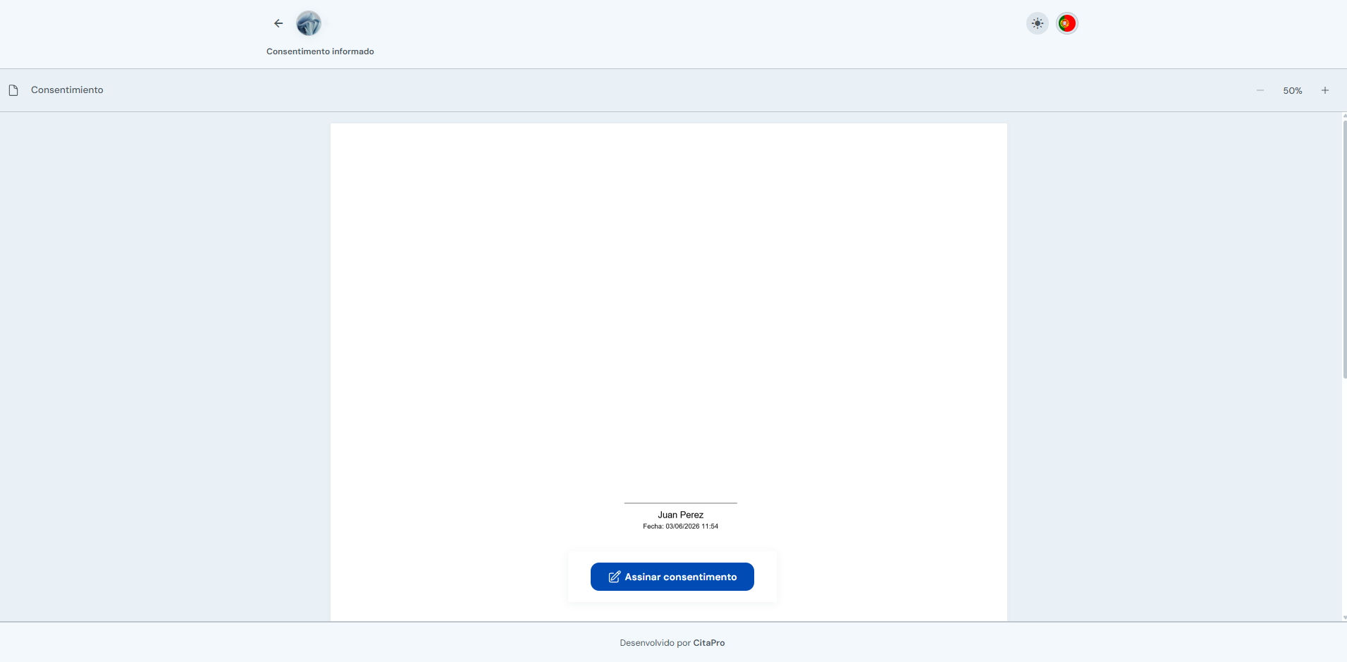 Visualizador do consentimento com botão Assinar consentimento