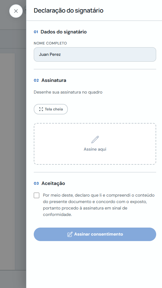 Painel com dados do signatário, assinatura e aceitação