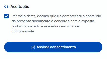 Caixa de aceitação e botão Assinar consentimento