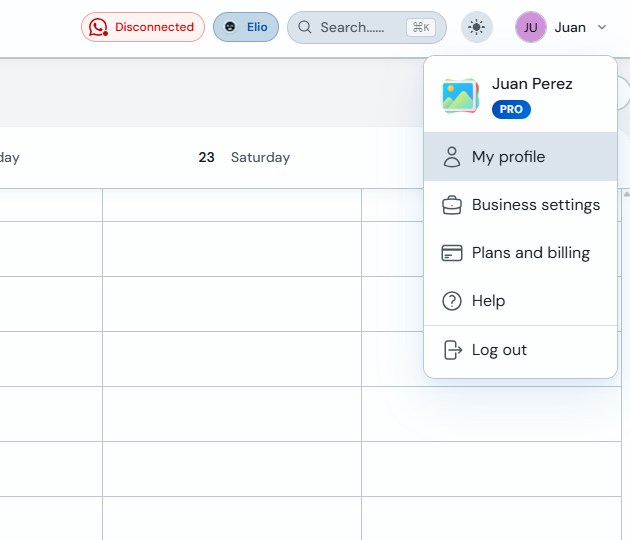 User menu with the My profile option