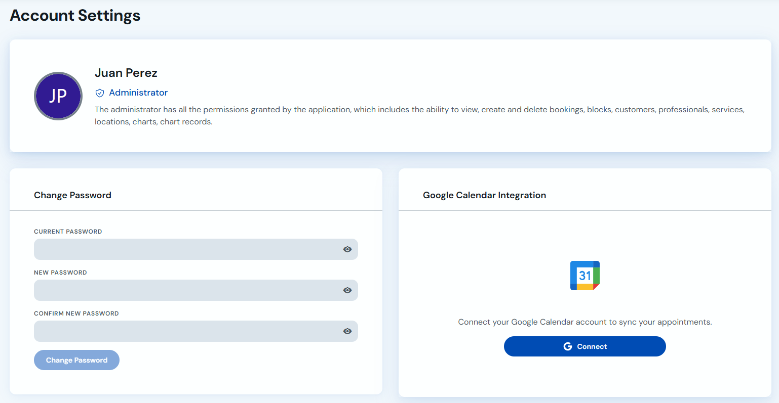 Account settings screen with the Google Calendar Connect button