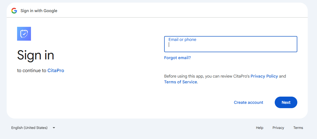 Google sign-in screen for CitaPro