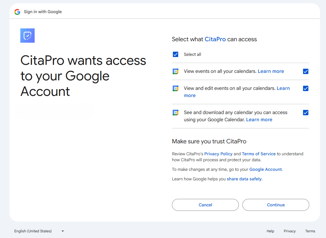 Google Calendar permissions screen to authorize CitaPro