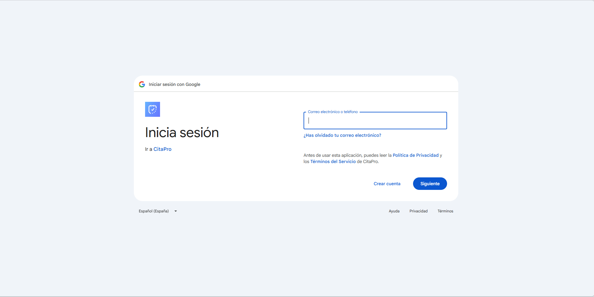 Pantalla de inicio de sesión de Google para CitaPro