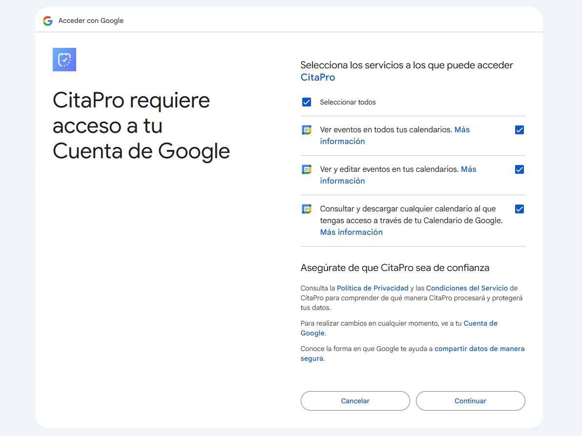Pantalla de permisos de Google Calendar para autorizar CitaPro