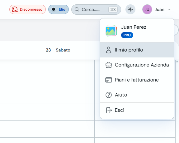 Menu utente con l'opzione Il mio profilo