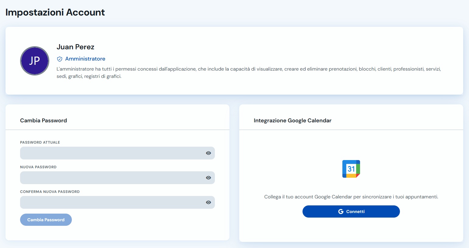 Schermata configurazione account con il pulsante Connetti di Google Calendar