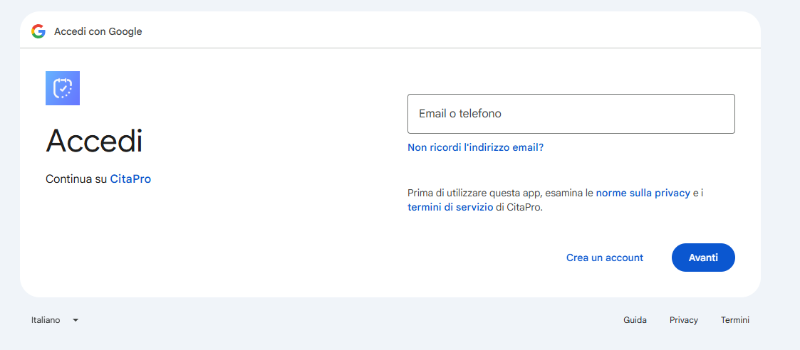 Schermata di accesso Google per CitaPro