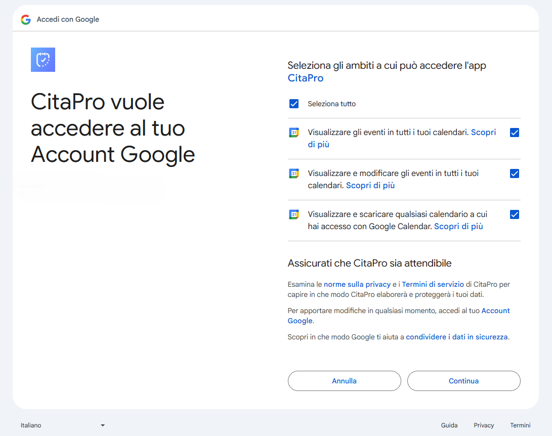 Schermata permessi Google Calendar per autorizzare CitaPro