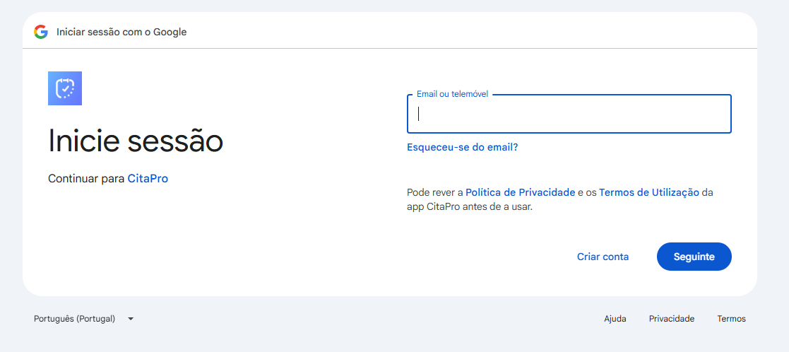 Tela de login do Google para o CitaPro