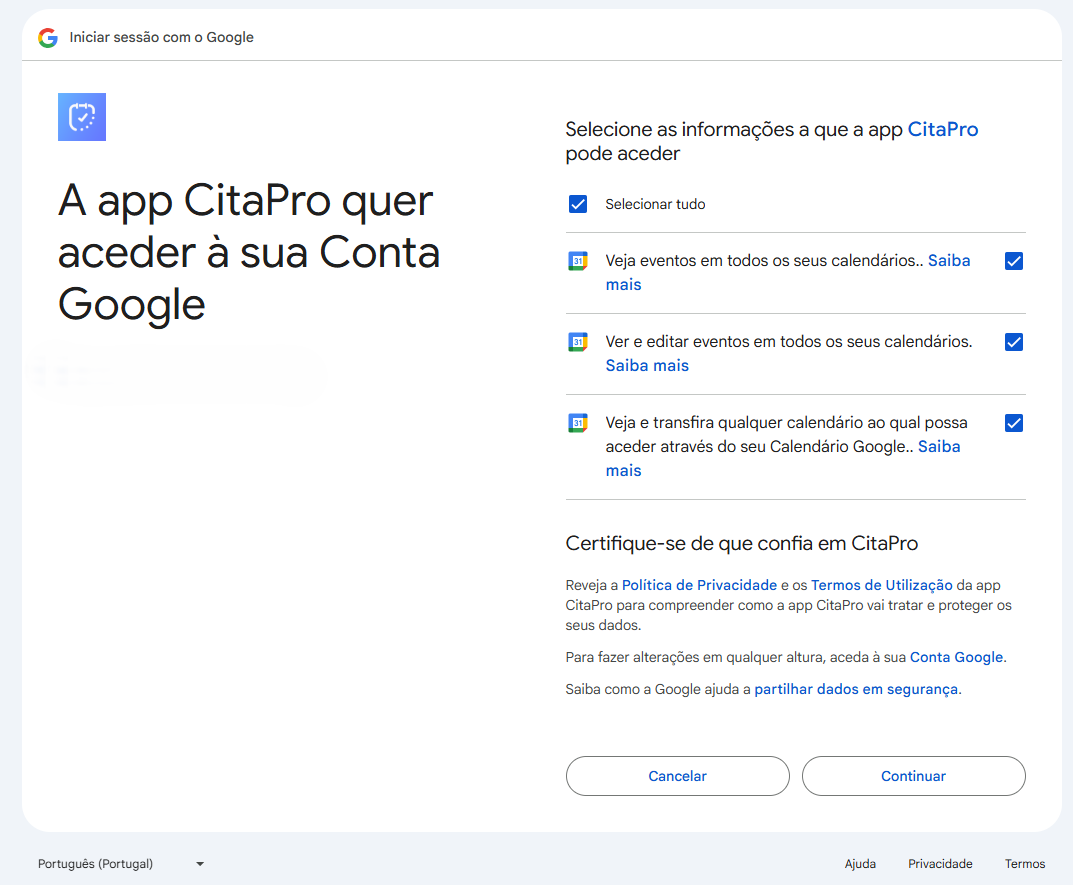 Tela de permissões do Google Agenda para autorizar o CitaPro