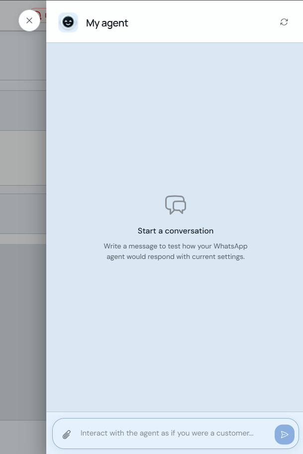 My agent window to test the WhatsApp AI Agent