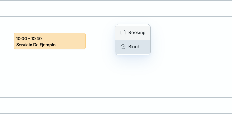 Context menu with Booking and Block options