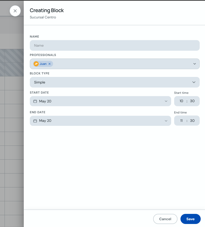 Simple block form with name, professional and schedule