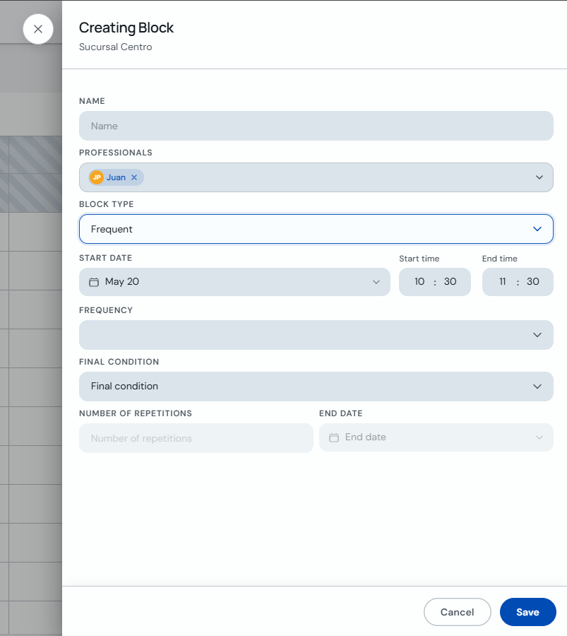 Frequent block form with recurrence options