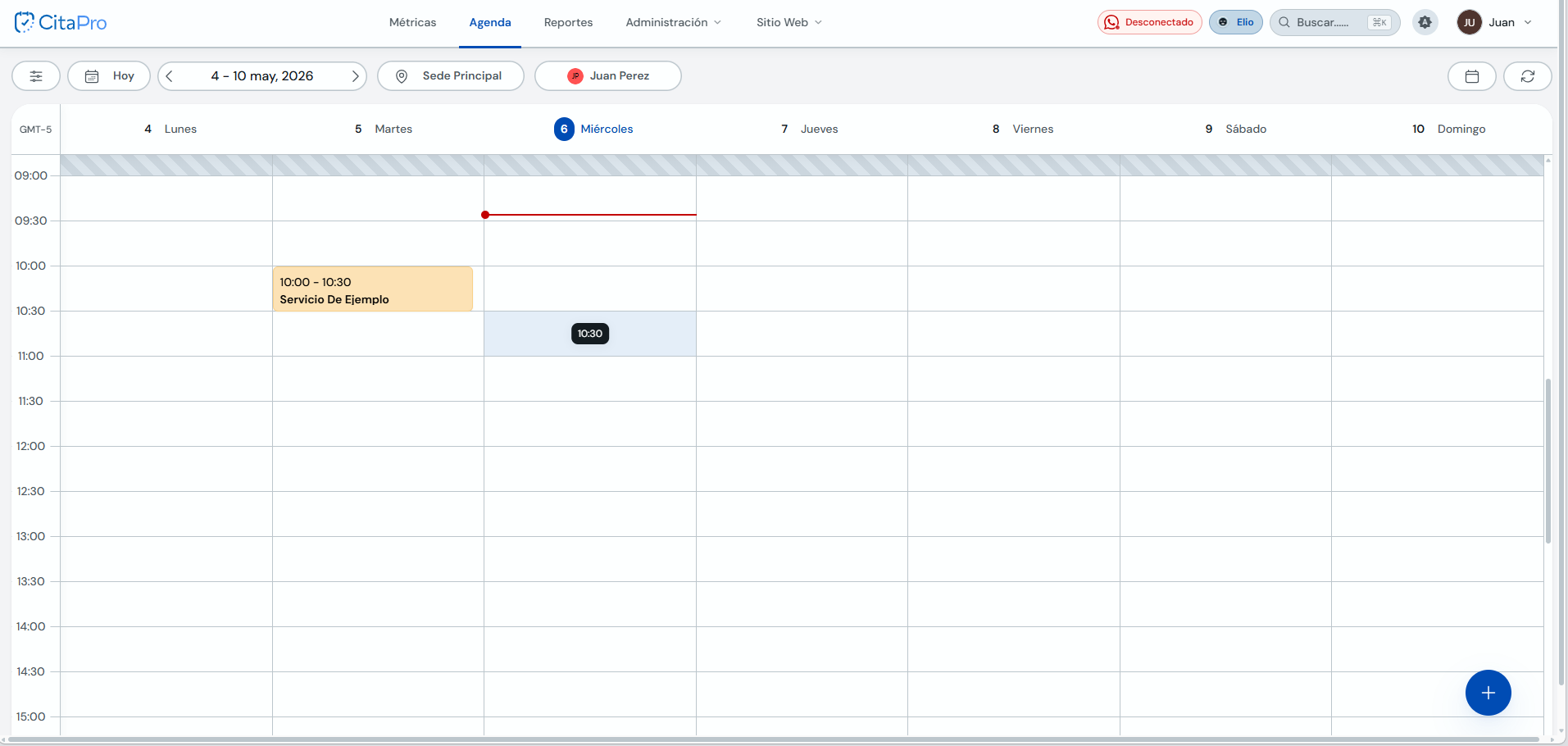 Calendario con un horario seleccionado para crear un bloqueo