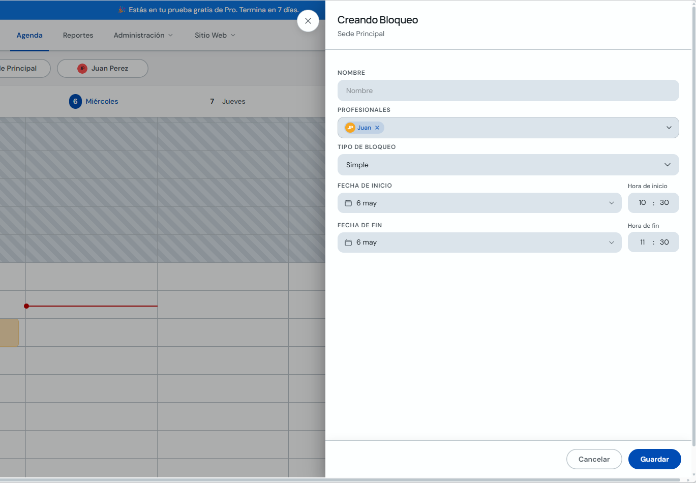 Formulario de bloqueo simple con nombre, profesional y horario