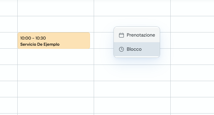 Menu contestuale con le opzioni Prenotazione e Blocco