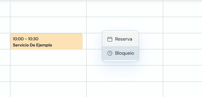 Menu contextual com as opções Reserva e Bloqueio