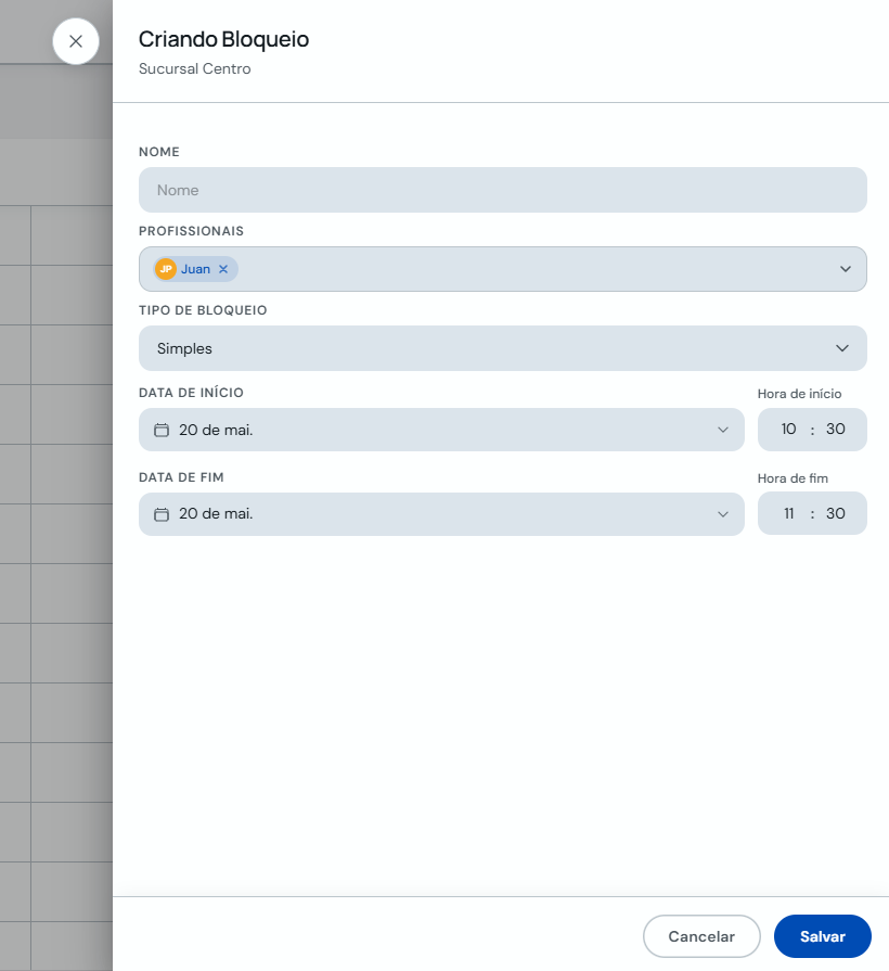 Formulário de bloqueio simples com nome, profissional e horário