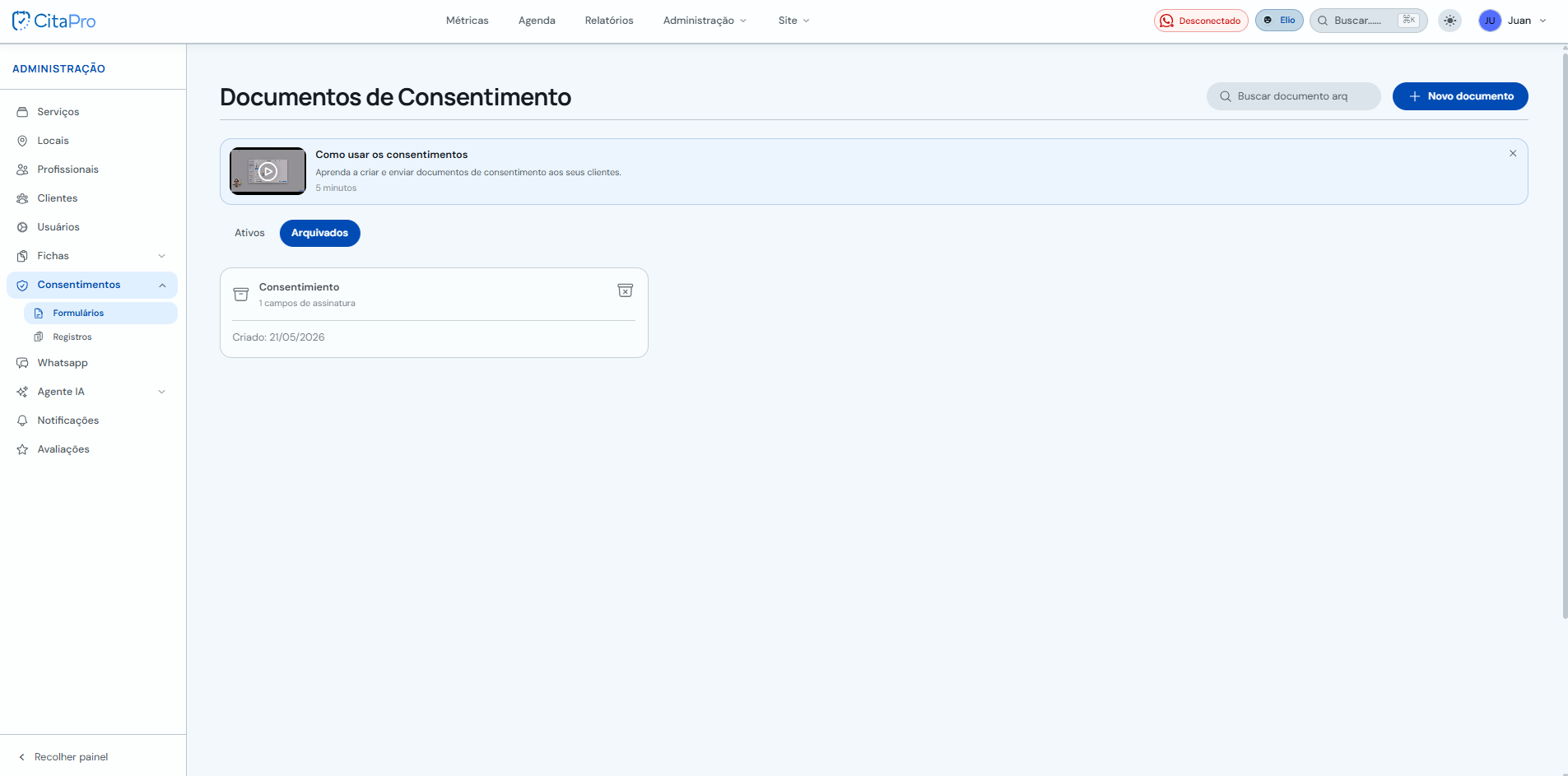 Lista de documentos de consentimento arquivados