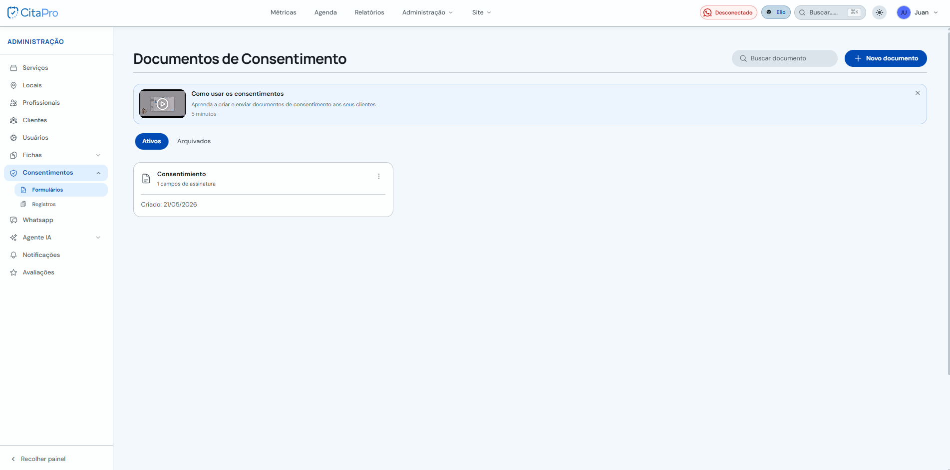 Lista de documentos de consentimento ativos