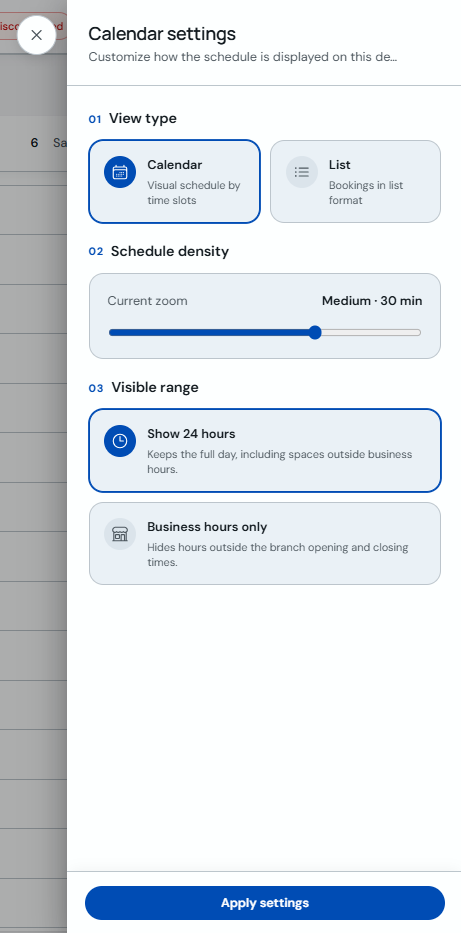Settings panel with view type, density and visible range