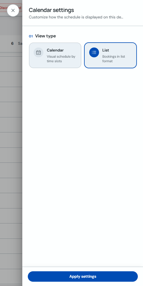 Settings with List view selected and Apply settings button