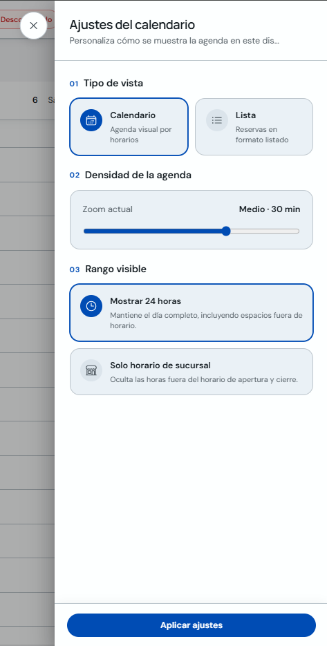 Panel de ajustes con tipo de vista, densidad y rango visible