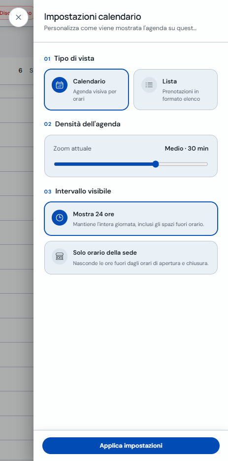 Pannello impostazioni con tipo di vista, densità e intervallo visibile
