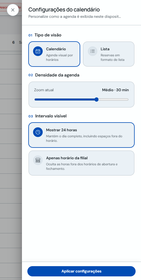 Painel de ajustes com tipo de visualização, densidade e intervalo visível