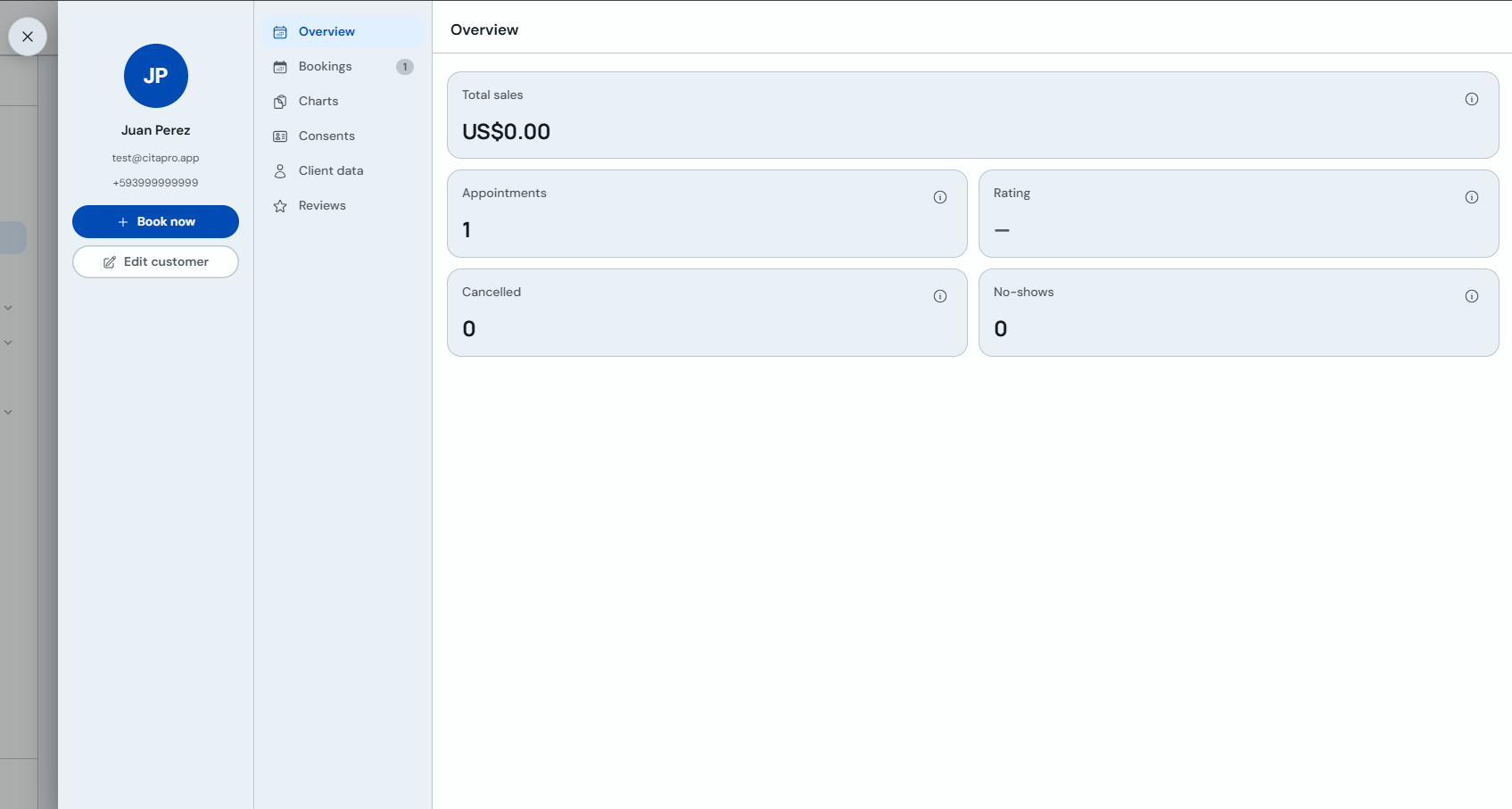 Client profile Bookings tab with their appointment list