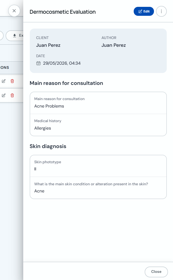 Detailed form record view from the client profile