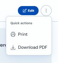 Options to edit, print or download a client form record