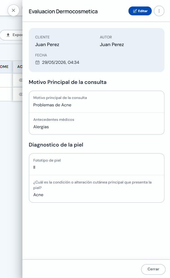 Vista detallada de un registro de ficha desde el perfil del cliente
