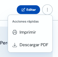 Opciones para editar, imprimir o descargar un registro de ficha del cliente