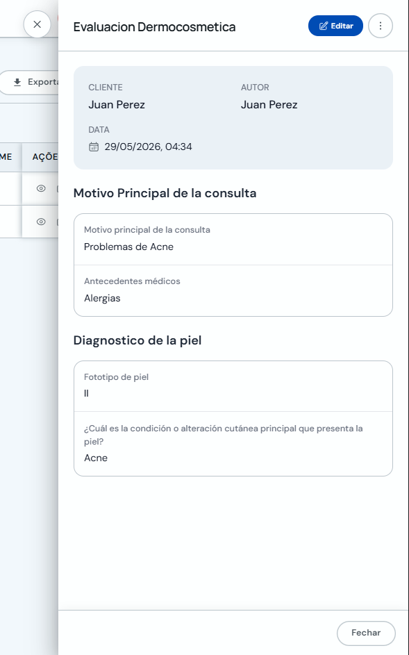 Visualização detalhada de um registro de ficha no perfil do cliente