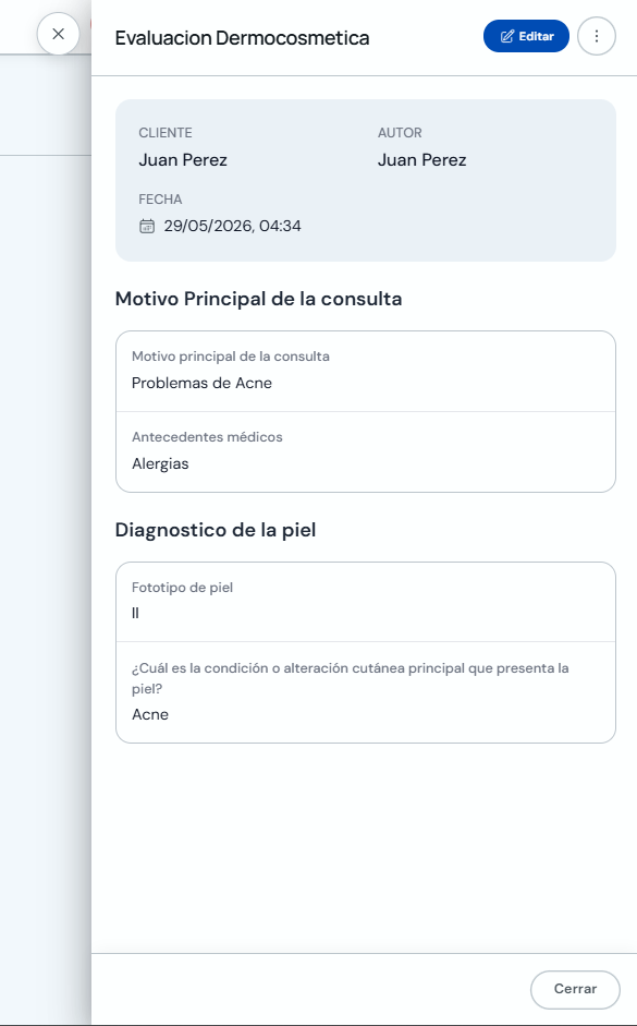 Vista detallada de un registro de ficha